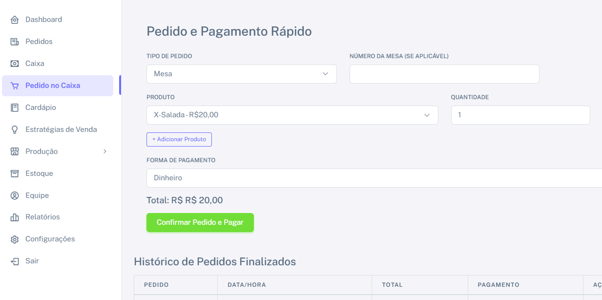 Tela do sistema Mifood